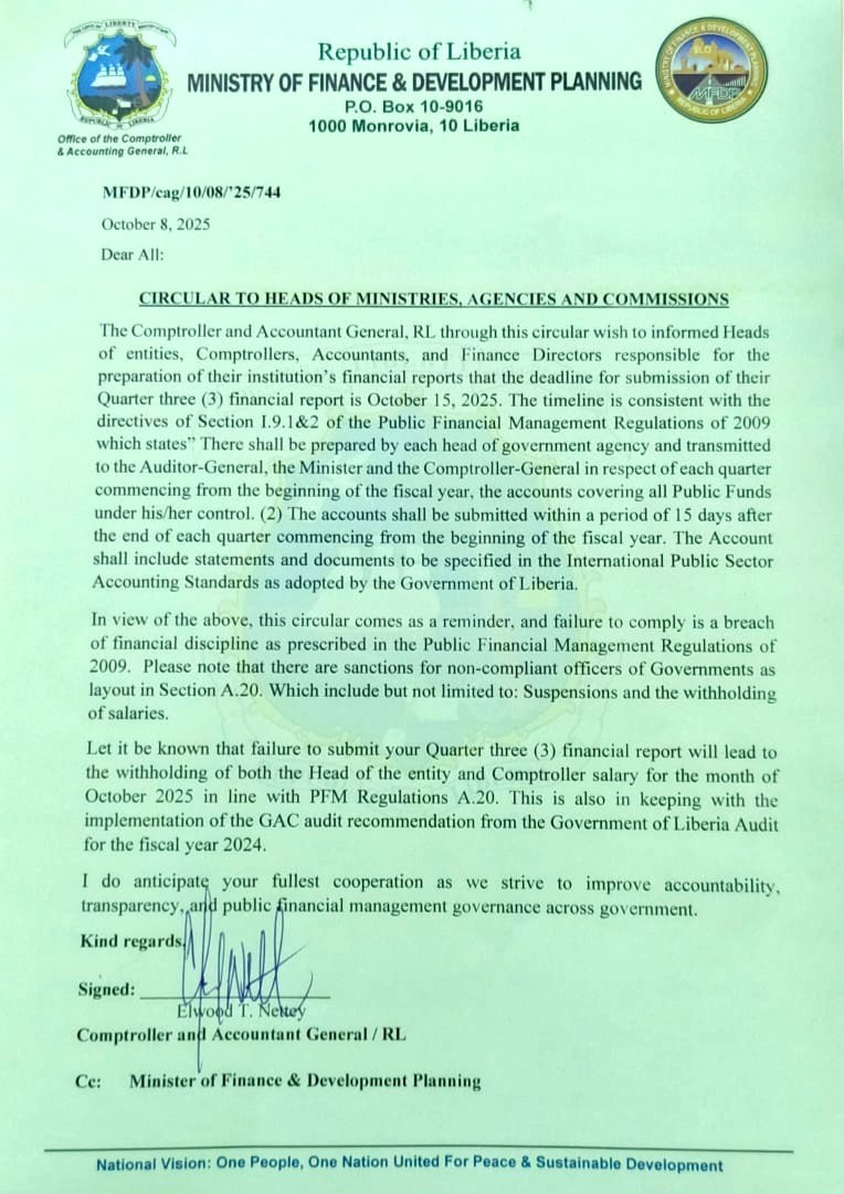 Liberia's Comptroller & Accountant General urges Heads of MAC's & Comptroller to timely submit Quarter Three Financial Report